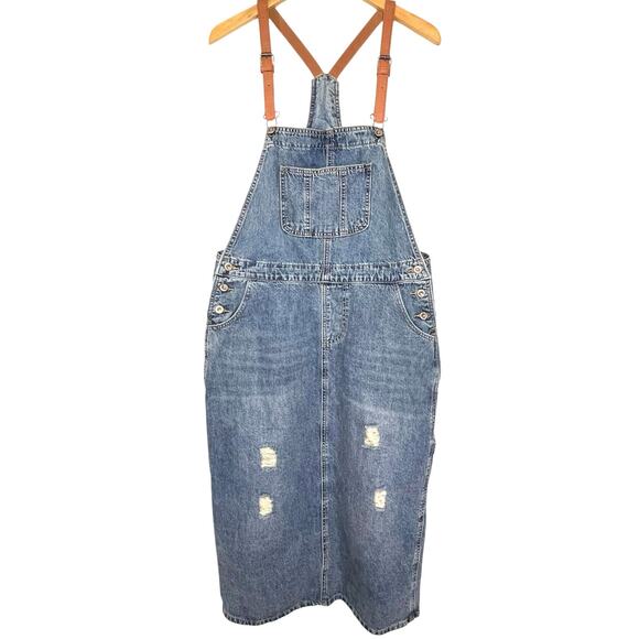 POINT ZERO Women’s Distressed Denim Carpenter Midi Skirt Coverall - Picture 1 of 6